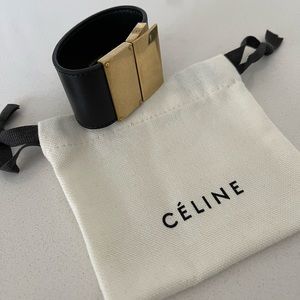 Celine Black Leather & Brass Cuff Bracelet